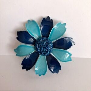 Vintage navy blue, sky blue enamel flower brooch pin 2 inches